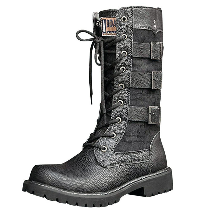 Steampunk mid-calf military combat boots with lacing and straps, perfect for alternative fashion and biker outfits.
