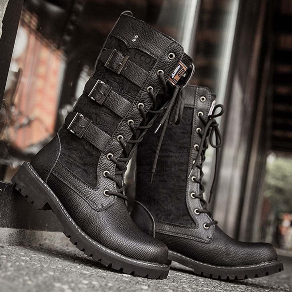 Steampunk mid-calf black military combat boots with laces and multiple straps, perfect for alternative fashion.