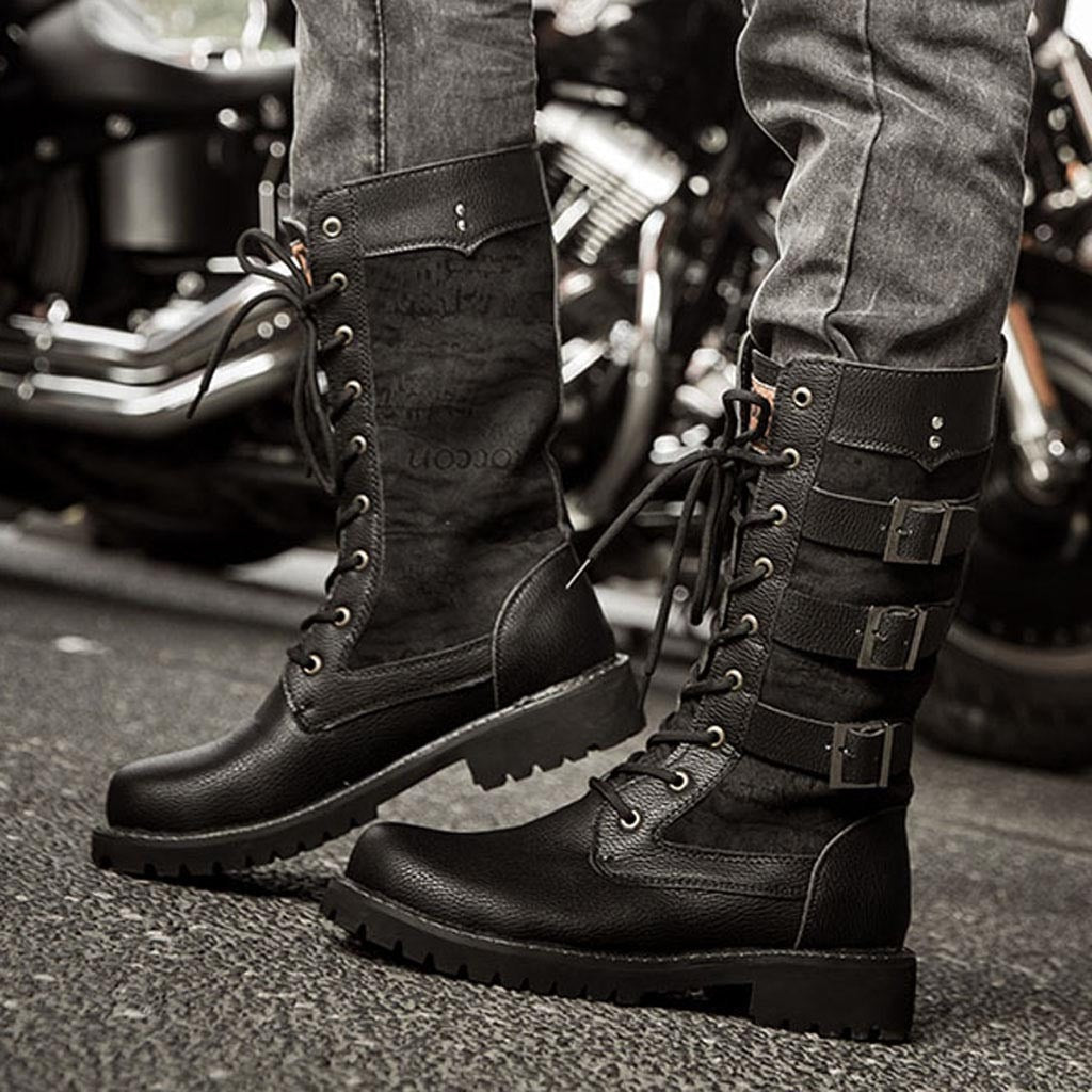Steampunk mid-calf military combat boots with laces and buckles, perfect for rock and biker styles.
