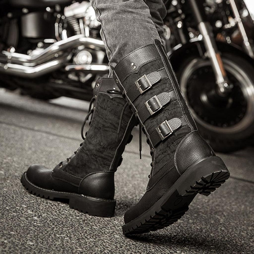 Stylish steampunk mid-calf military combat boots with lacing and buckle straps, perfect for alternative fashion.
