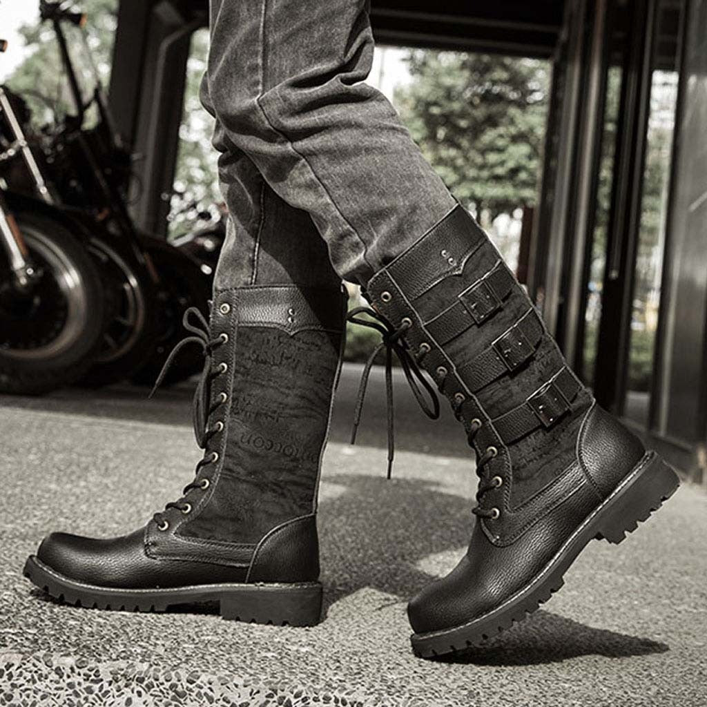 Stylish steampunk mid-calf military combat boots with lacing and buckles, perfect for alternative fashion and biker looks.