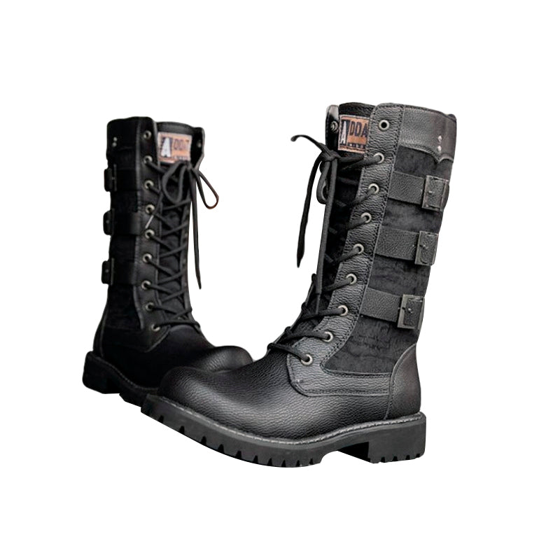 Steampunk mid-calf military combat boots featuring lacing and stylish buckles, perfect for alternative fashion.