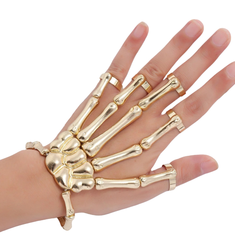Unisex steampunk skeleton bracelet showcasing a golden skeleton hand design on a model's hand.