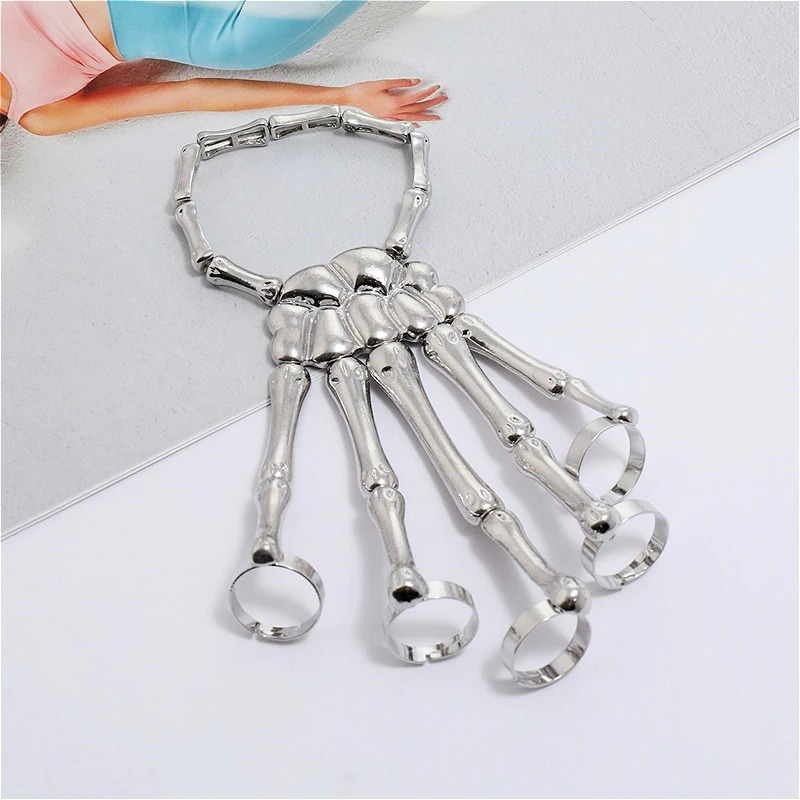 Silver skeleton bracelet for men and women, featuring adjustable elastic design in gothic style.