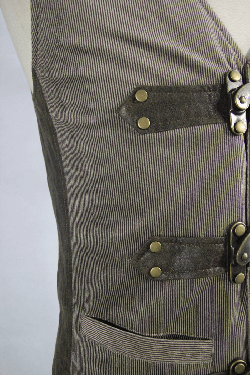 Steampunk Brown Waistcoat with Metal Busk Closure / Male Vintage Striped Vest with Buckles