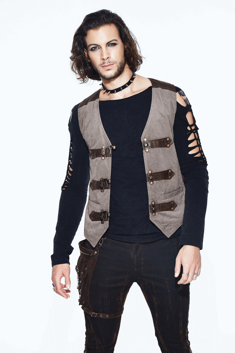 Steampunk Brown Waistcoat with Metal Busk Closure / Male Vintage Striped Vest with Buckles