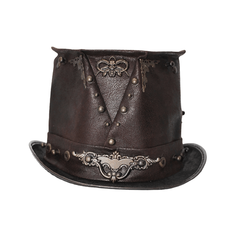Steampunk Devil Skull Hat with Metal Rivets / Men's Brown PU Leather Hat - HARD'N'HEAVY