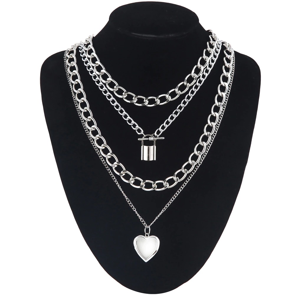 Steampunk fashion chain necklace for women featuring layered aluminium pendants: locked and heart.