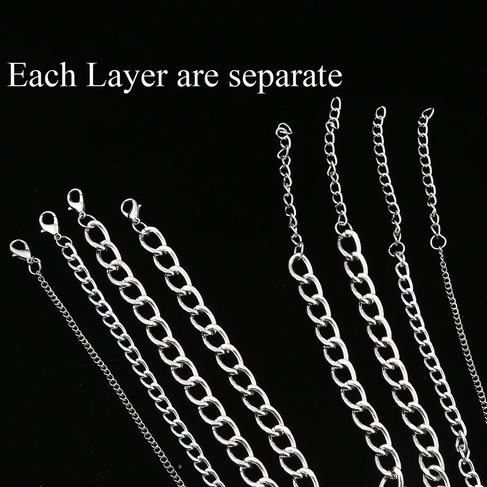 Close-up of separate layers of a stylish steampunk chain necklace for women in silver.