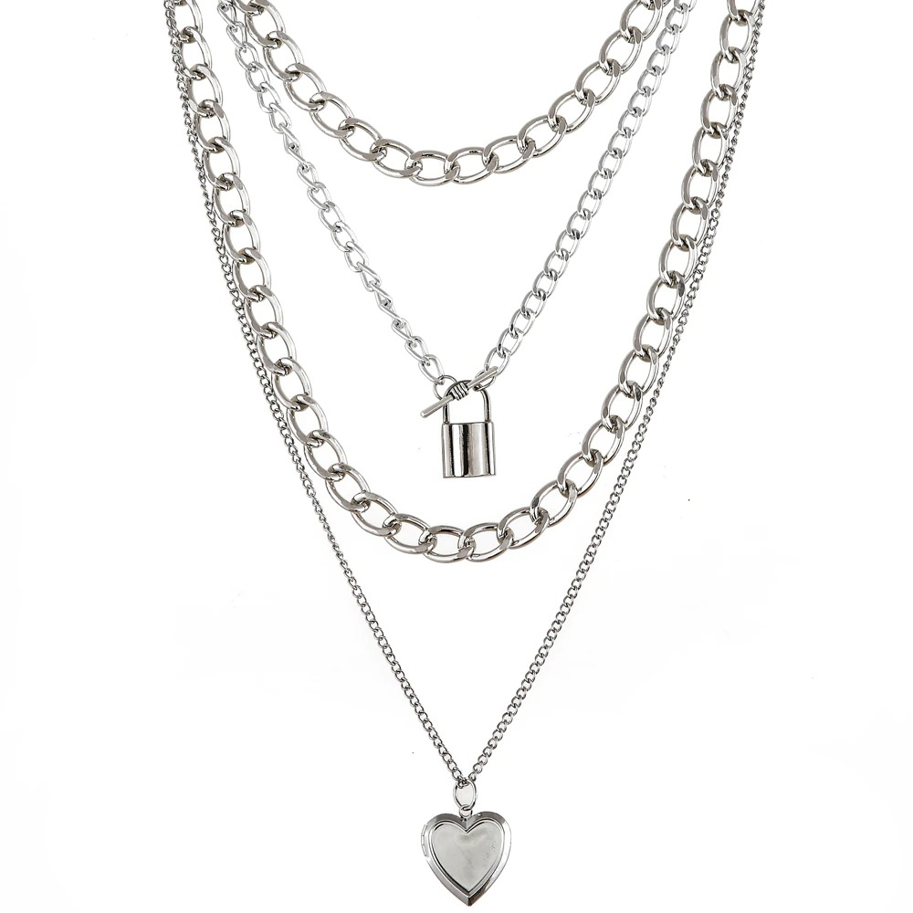 Layered steampunk fashion chain necklace with aluminium heart and padlock pendants for women.