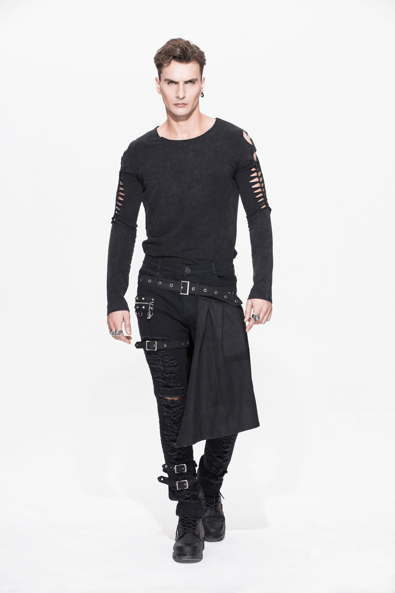 Steampunk Fashion Men's Trousers with Kilt Holes / Gothic Black Mid Waist Stage Slim Pants - HARD'N'HEAVY
