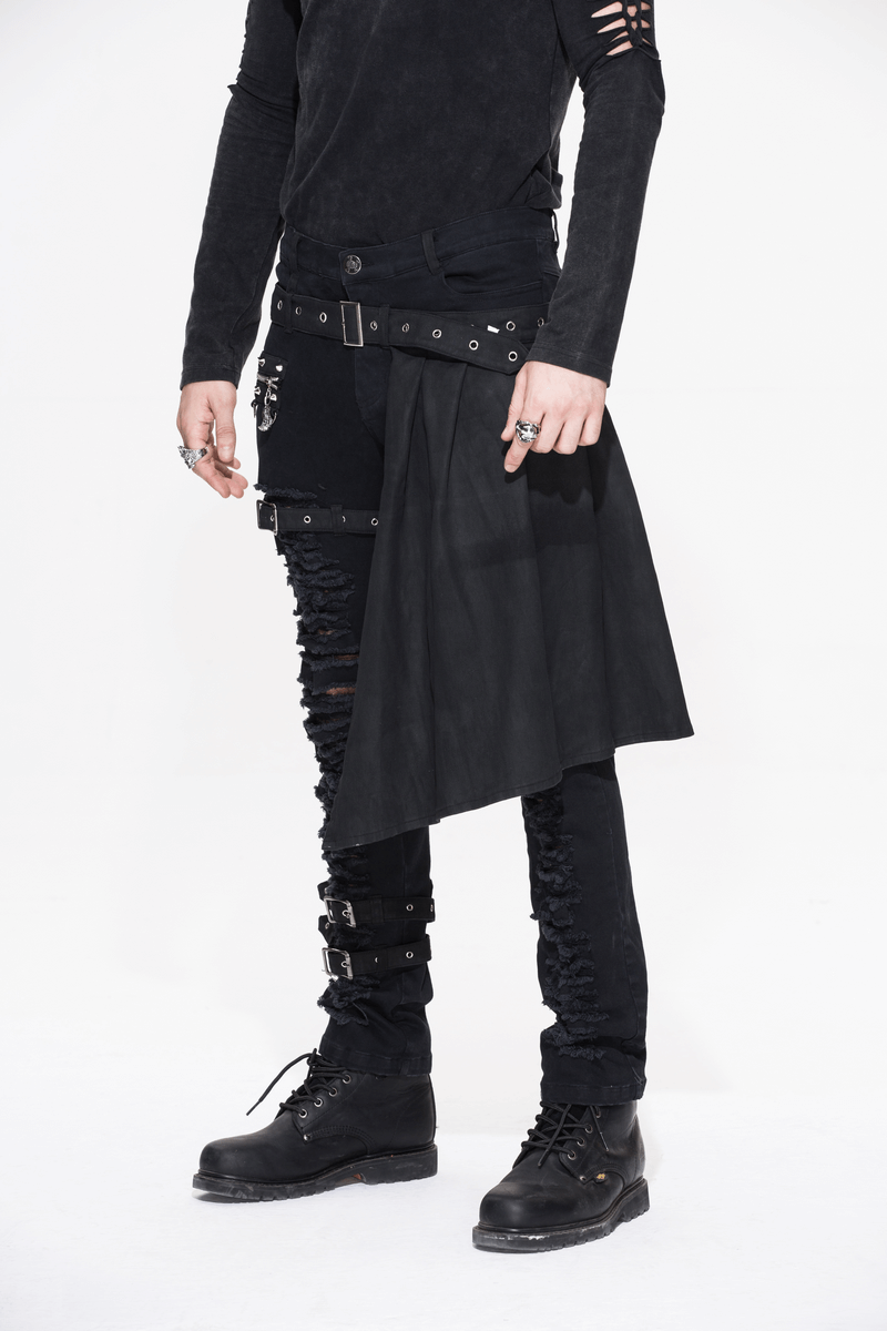 Steampunk Fashion Men's Trousers with Kilt Holes / Gothic Black Mid Waist Stage Slim Pants - HARD'N'HEAVY