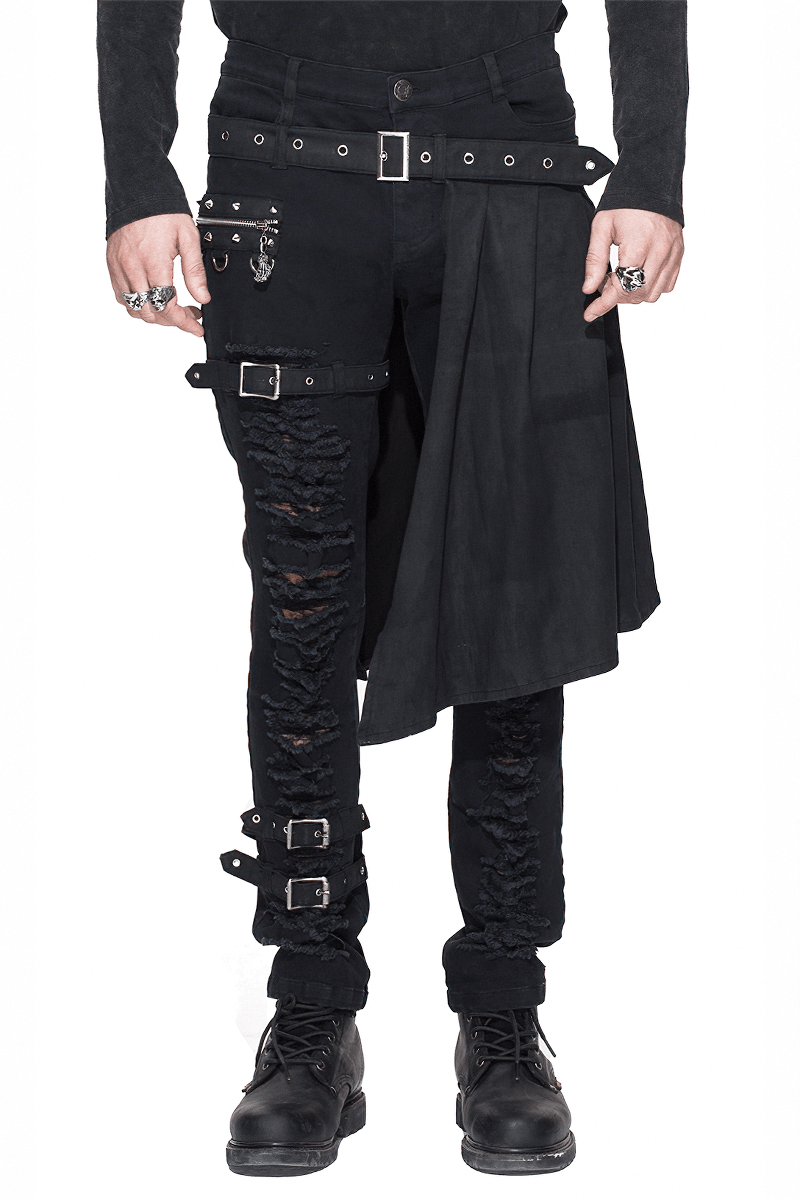 Steampunk Fashion Men's Trousers with Kilt Holes / Gothic Black Mid Waist Stage Slim Pants - HARD'N'HEAVY