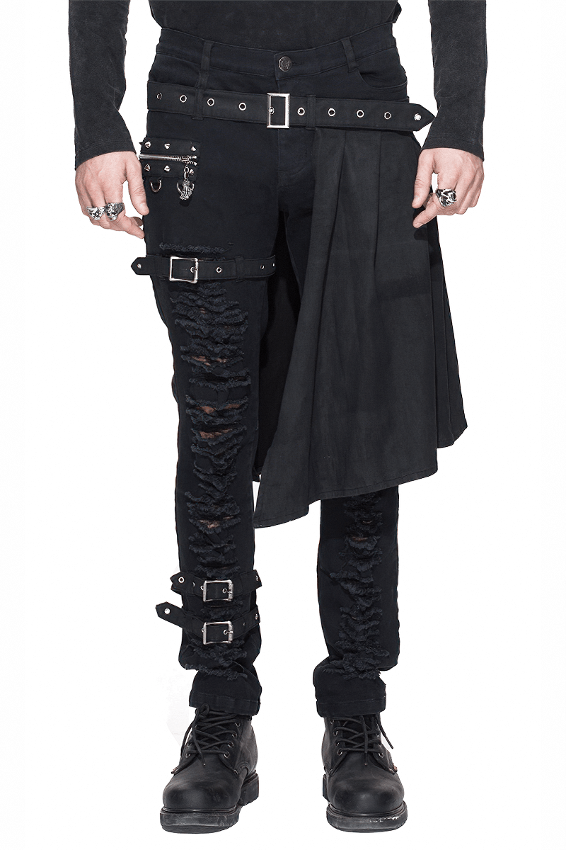 Men's black steampunk trousers with kilt holes, torn inserts, and straps for a stylish punk look.