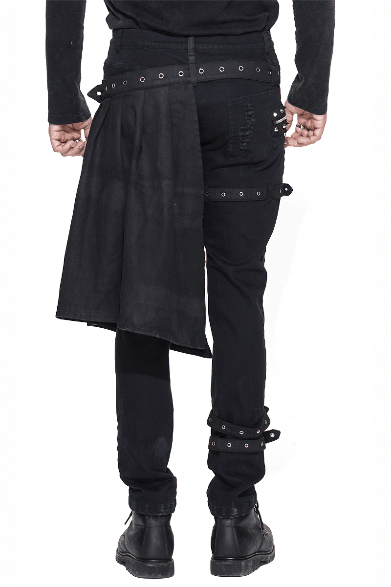 Steampunk Fashion Men's Trousers with Kilt Holes / Gothic Black Mid Waist Stage Slim Pants - HARD'N'HEAVY