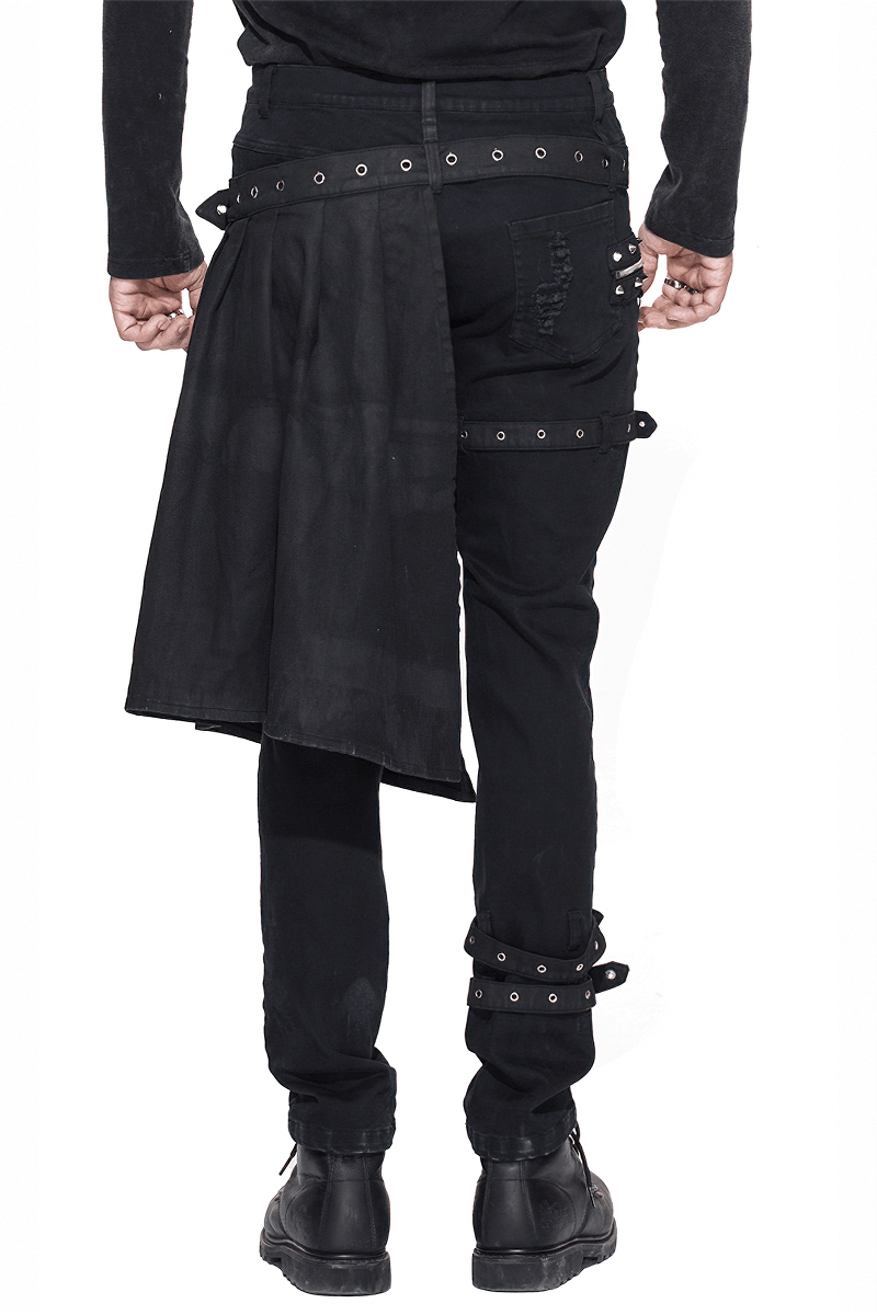 Men's black slim steampunk trousers featuring kilt holes and stylish straps for a punk wardrobe.