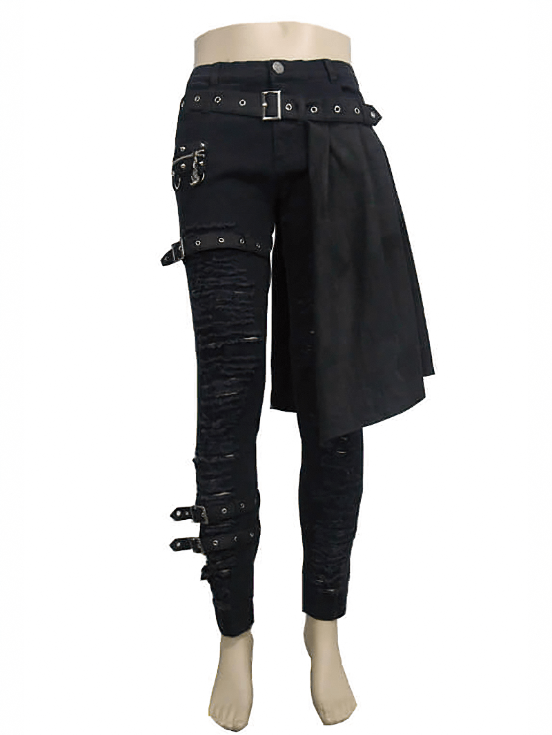 Steampunk Fashion Men's Trousers with Kilt Holes / Gothic Black Mid Waist Stage Slim Pants - HARD'N'HEAVY