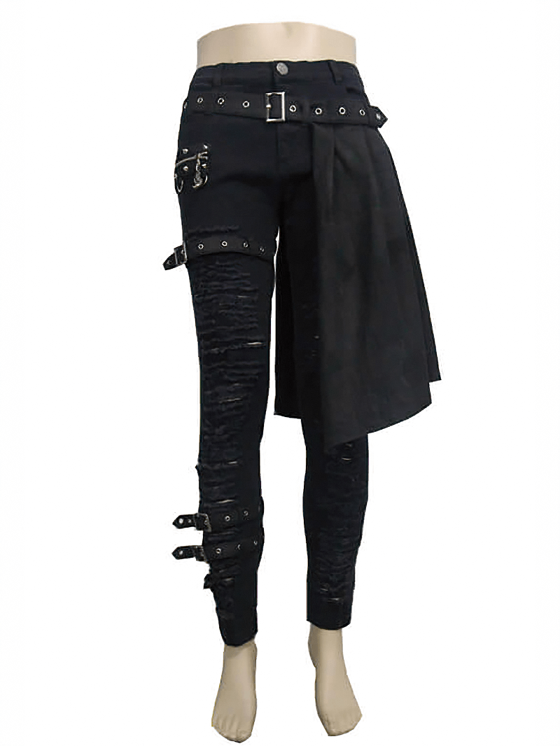 Steampunk fashion men's black slim trousers with kilt holes and stylish straps, perfect for a punk wardrobe.