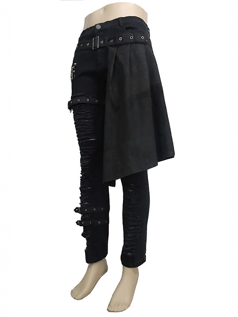 Men's black steampunk trousers with kilt holes and stylish torn design, perfect for punk fashion enthusiasts.