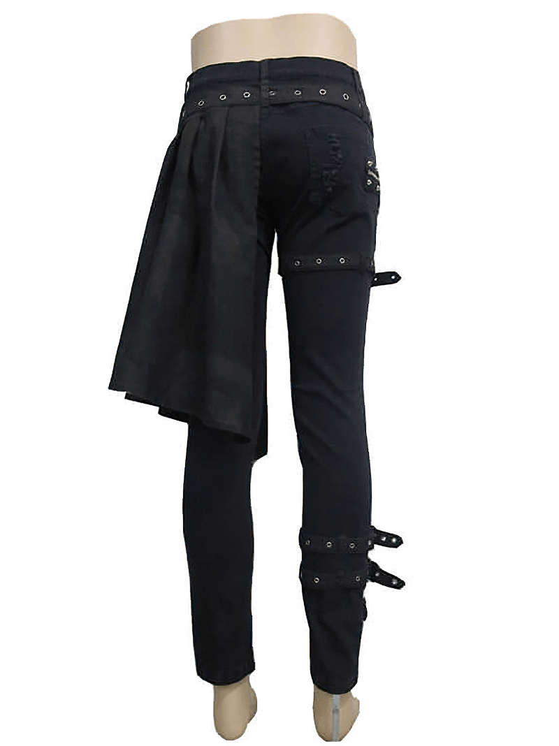 Back view of stylish black steampunk men's trousers with kilt holes and decorative straps.