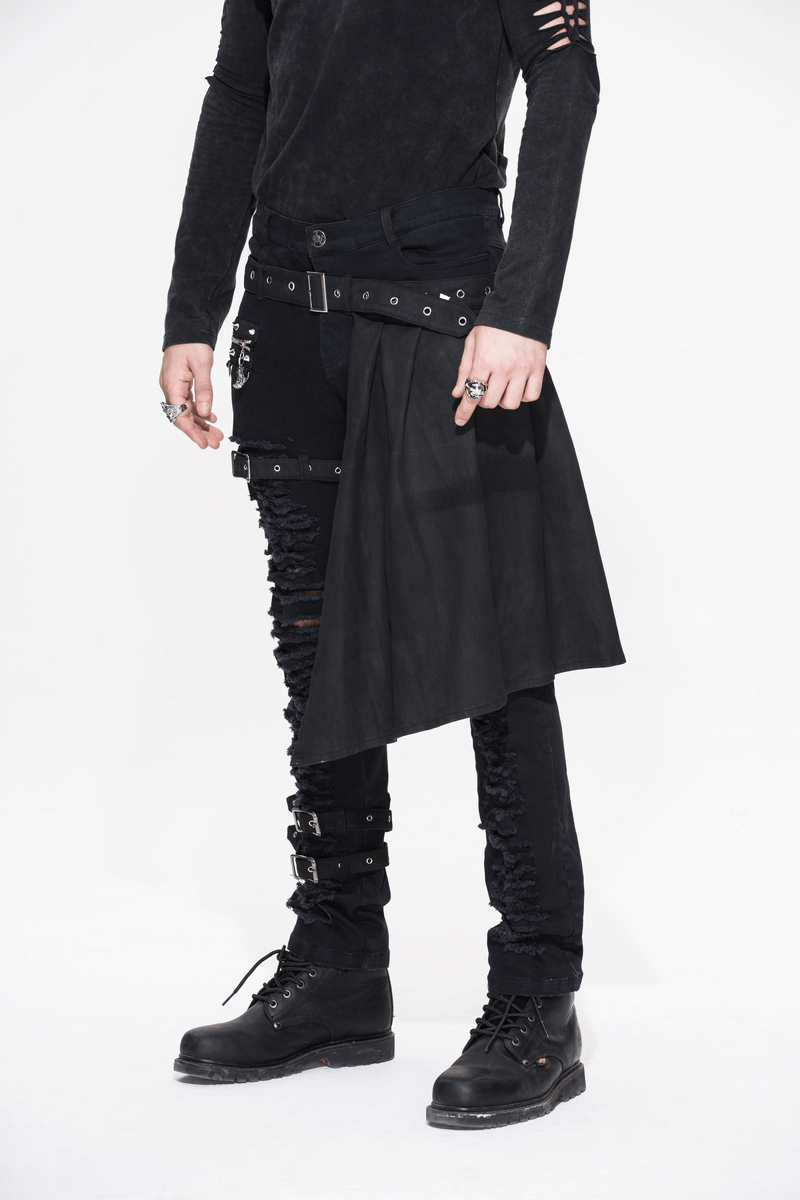 Stylish men's steampunk black slim trousers with kilt holes and punk accessories, perfect for a fashionable wardrobe.