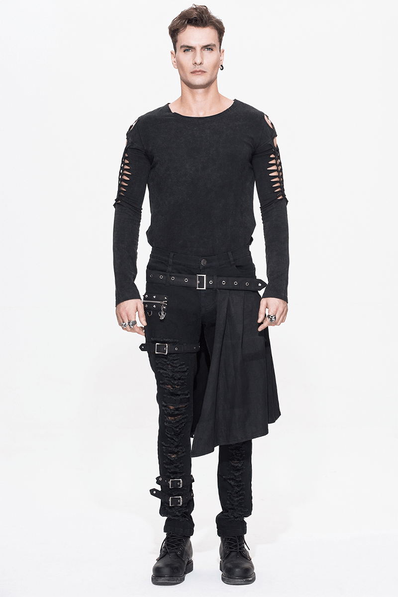 Male model in black steampunk pants with kilt and ripped details, showcasing punk fashion style.
