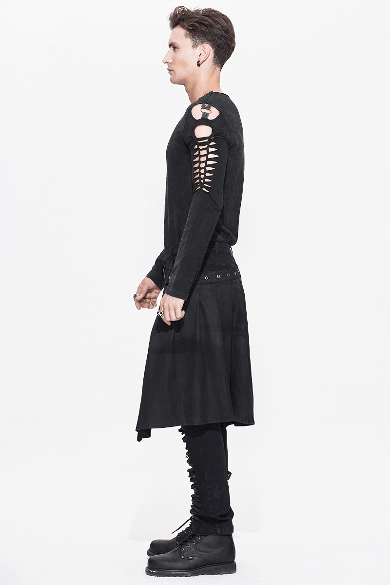 Side view of a model wearing a black steampunk-inspired outfit with cut-out sleeves and kilt-style skirt.