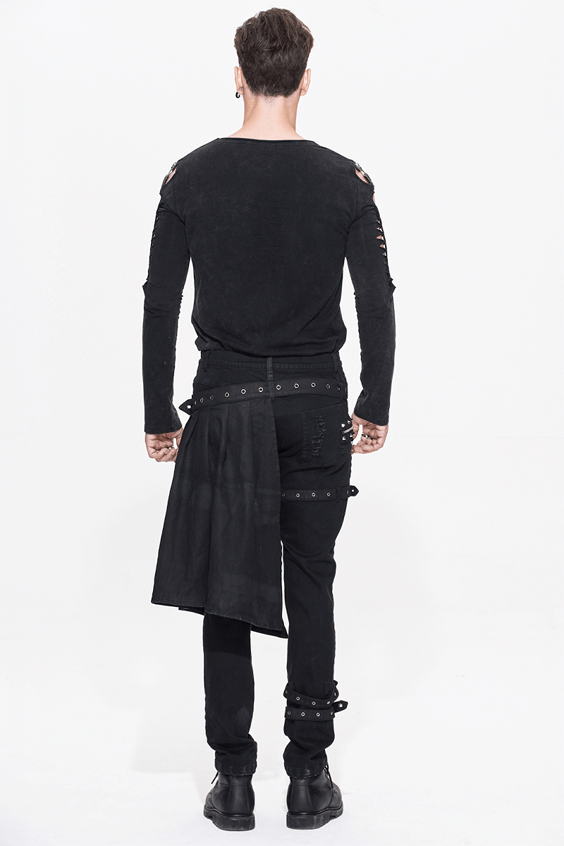 Back view of a model wearing black steampunk slim trousers with kilt holes and torn design details.