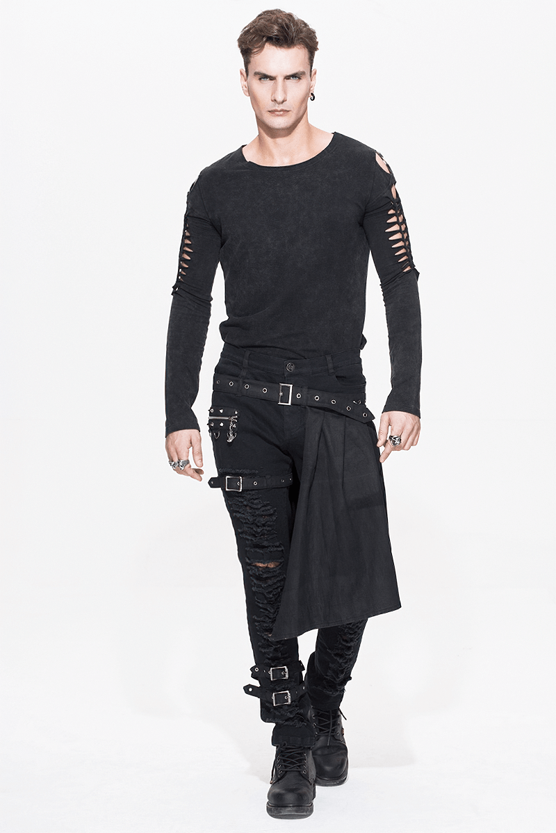 Stylish male model wearing steampunk fashion black slim trousers with kilt holes and ripped design.