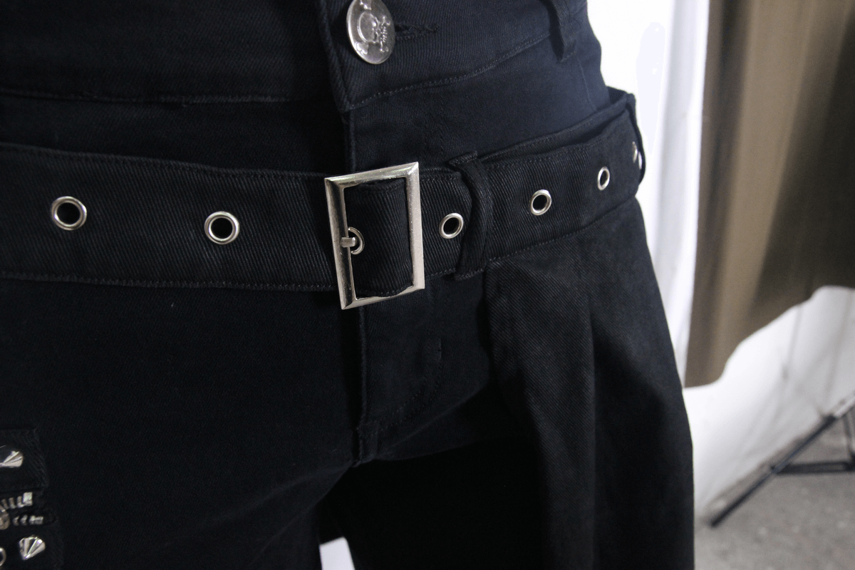 Close-up of black steampunk fashion men's trousers showcasing belt and kilt hole design details.