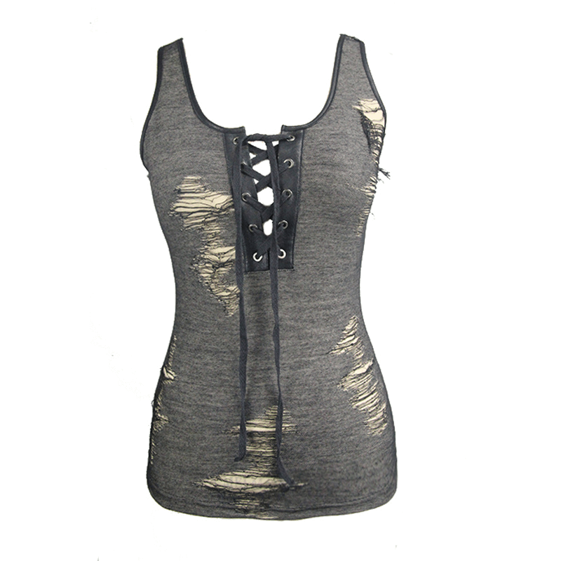 Steampunk Frayed Female Sleeveless Deep V Tank Top / Gothic Black Women's Out Fitted Tank Tops - HARD'N'HEAVY