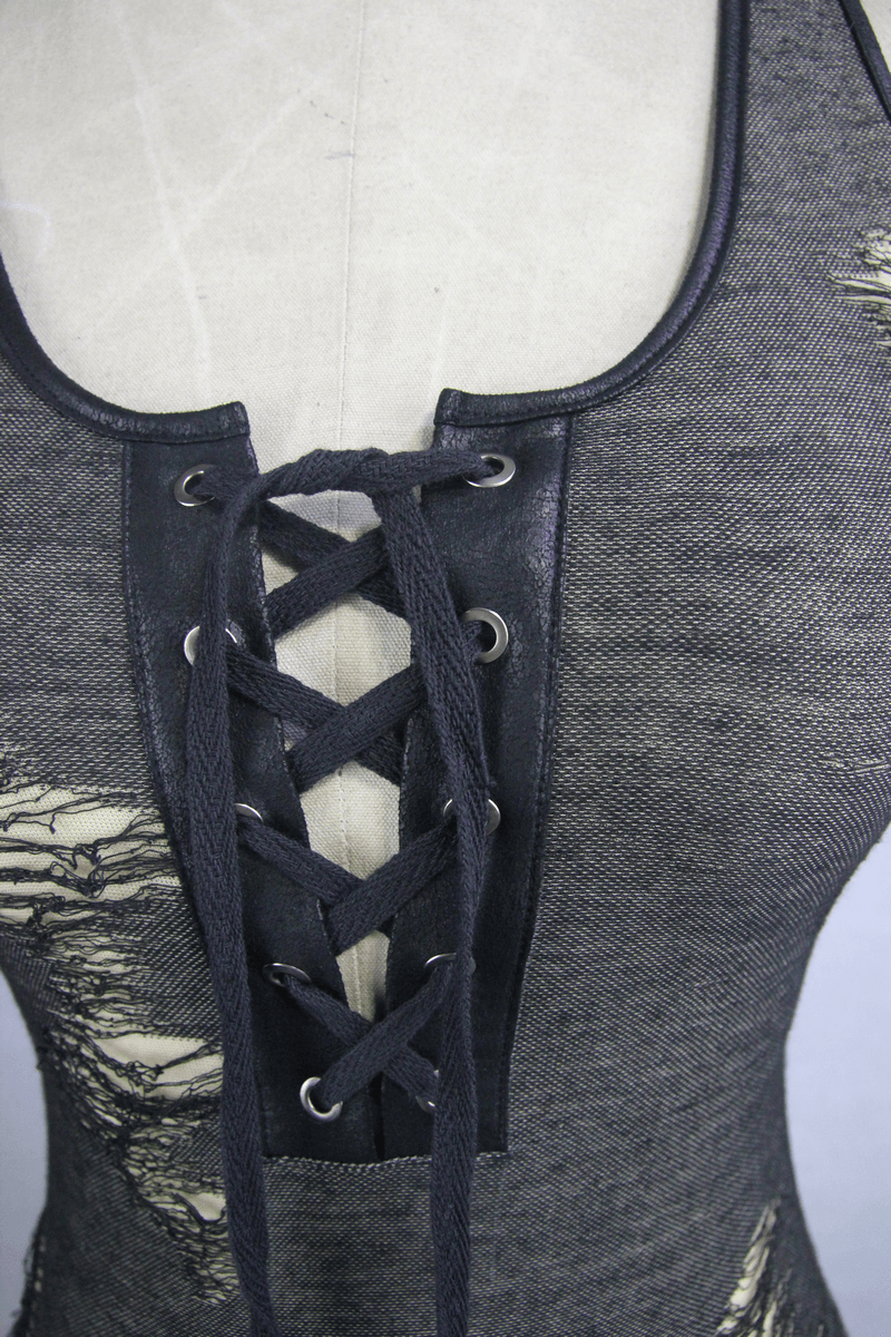 Steampunk Frayed Female Sleeveless Deep V Tank Top / Gothic Black Women's Out Fitted Tank Tops - HARD'N'HEAVY