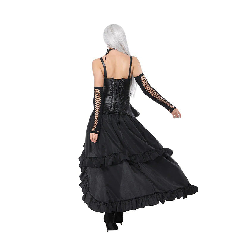 Steampunk Gorset Dress With Faux Leather / Women's Black Corselet With Long Skirt - HARD'N'HEAVY