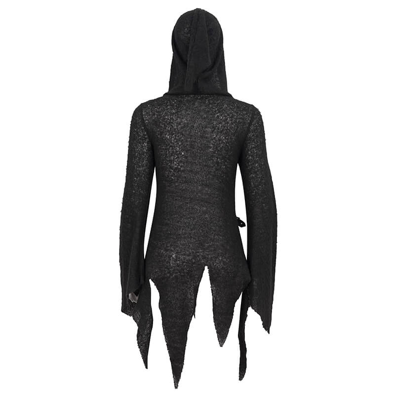 Back view of a steampunk gothic hooded sweater, showcasing its unique asymmetrical design and black color.