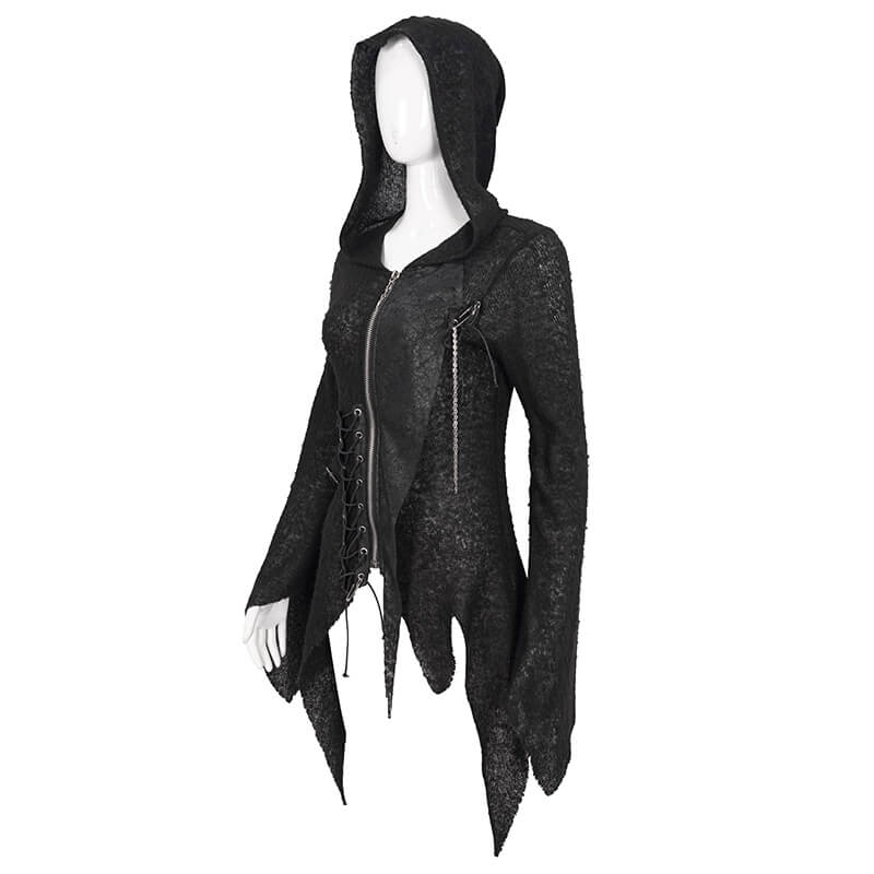 Gothic asymmetrical women's hooded sweater in black with unique zipper design and stylish laced sleeves.