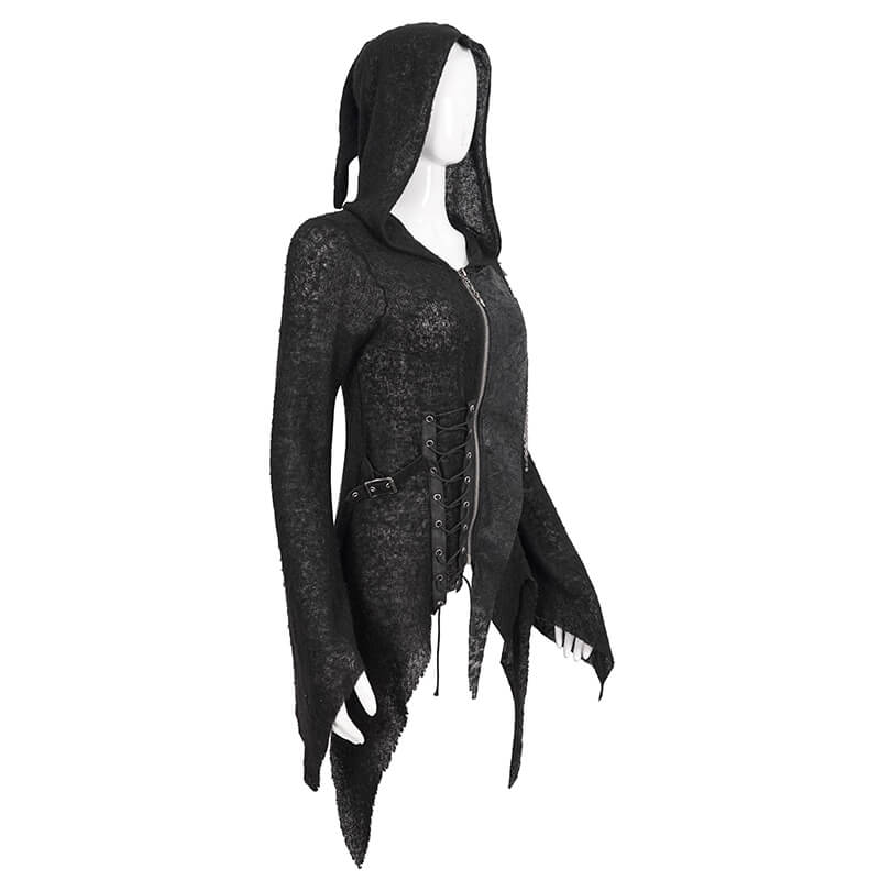 Steampunk Gothic asymmetrical hooded sweater for women, featuring zipper, unique cut, and stylish black design.