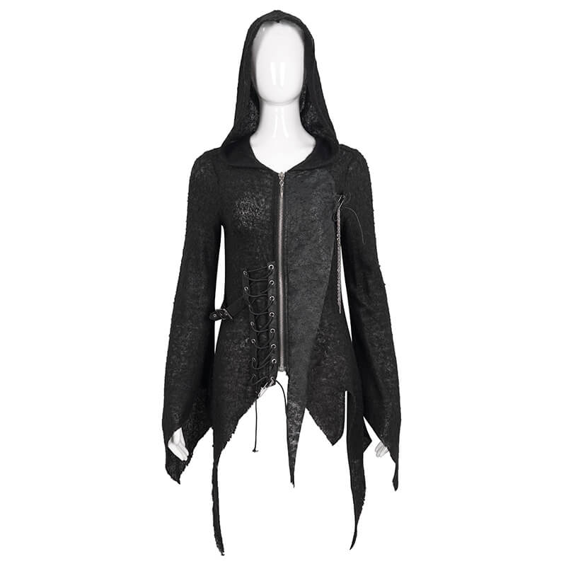Asymmetrical black hooded sweater with lace-up detail for women, perfect for goth and rock fashion.