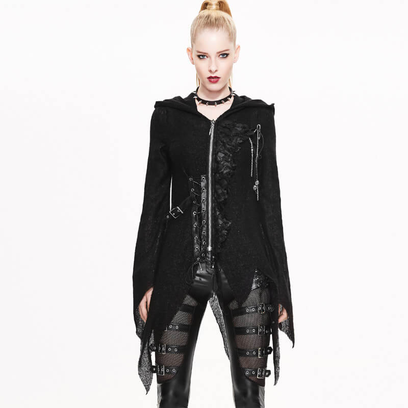 Steampunk Gothic Asymmetrical Women Hooded Sweater / Casual Black Zipper Clothing for Lady - HARD'N'HEAVY
