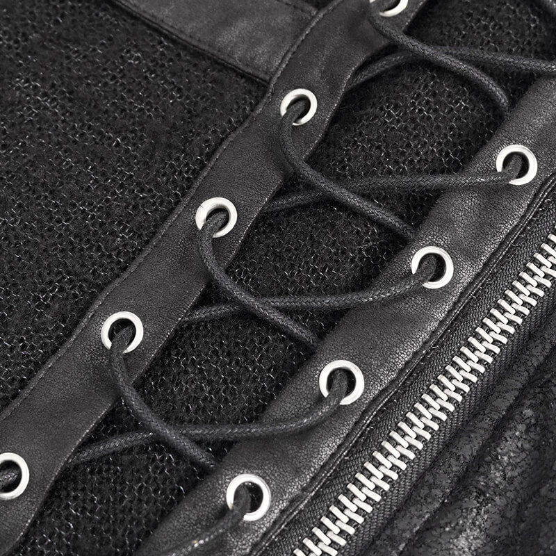 Close-up of black gothic hoodie detailing featuring lace-up design and zipper, ideal for steampunk and casual styles.