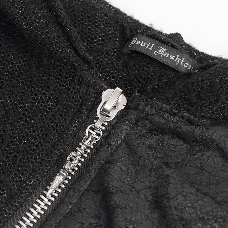 Close-up of black zipper and label on a Gothic women's asymmetrical hoodie sweater, showcasing stylish details.