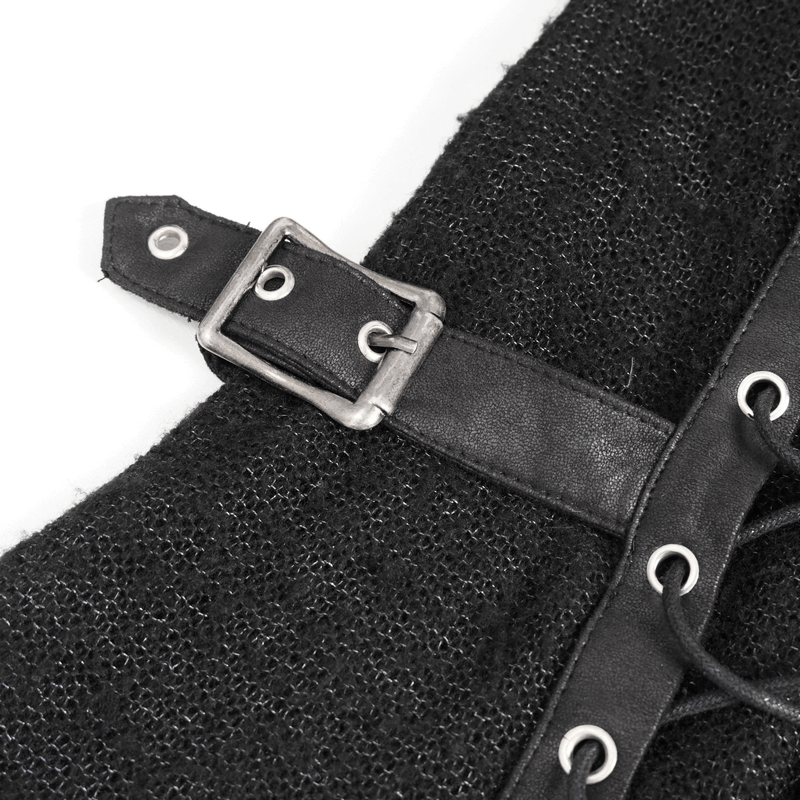 Close-up of a black Gothic sweater buckle detail with eyelets and lace-up fastening, perfect for adding edge to outfits.