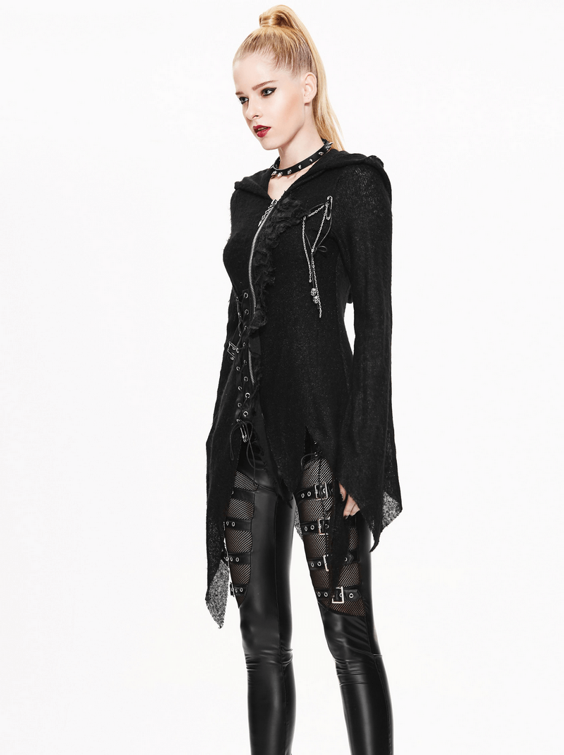 Women’s gothic asymmetrical hooded sweater in black, stylishly paired with punk-inspired leather leggings.