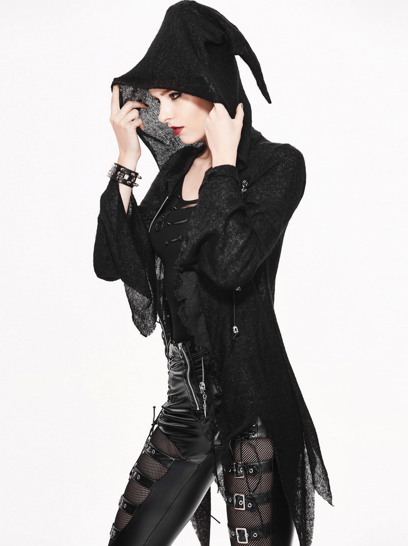 Gothic asymmetrical hooded sweater in black, stylishly worn with edgy accessories and fitted pants, perfect for rock outfits.