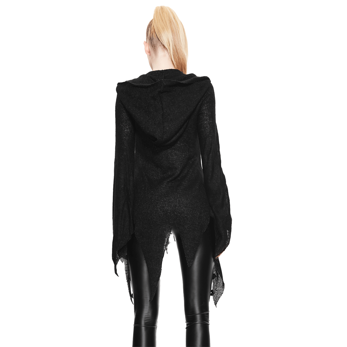Back view of a women's Gothic asymmetrical hooded sweater, showcasing its unique style and comfortable fit.