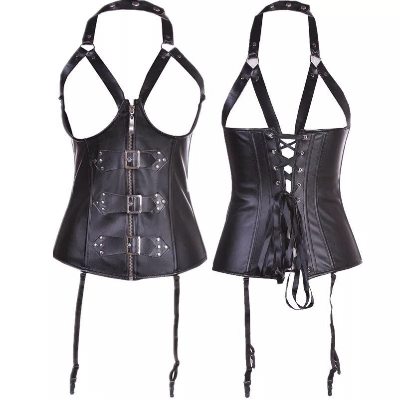 Steampunk Gothic PU leather halter corset top with adjustable straps and rivet details for a bold look.
