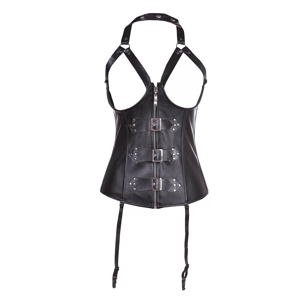 Steampunk Gothic PU leather halter corset top with adjustable straps and decorative rivets for ladies.