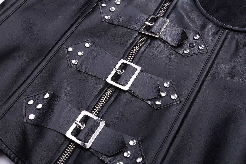 Close-up of steampunk gothic black PU leather corset with rivets and buckle straps, showcasing stylish design details.