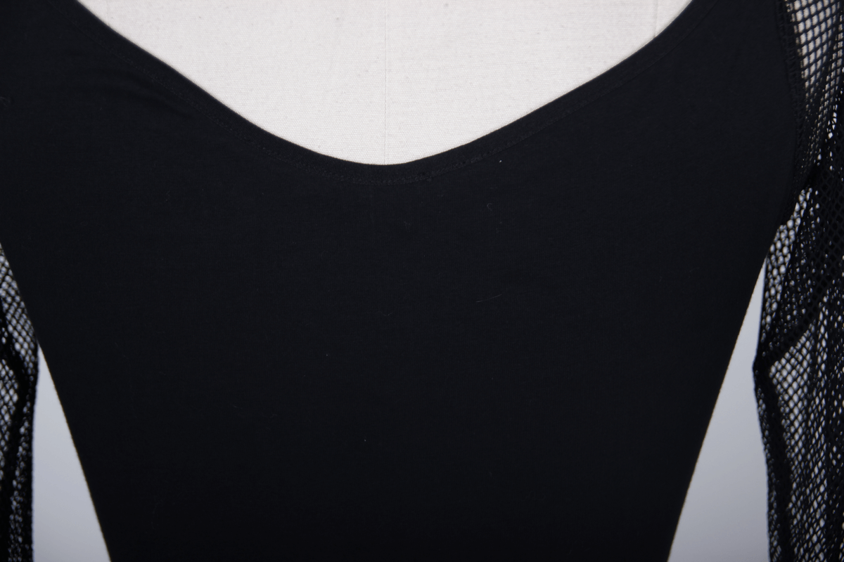 Close-up of a black gothic women's top with mesh sleeves and a stylish V-neck design, perfect for punk rock fashion.