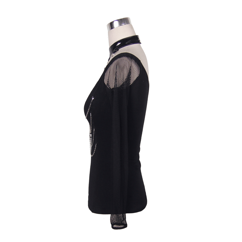 Side view of women's black gothic cotton top with mesh sleeves and silver chains, perfect for punk rock style.