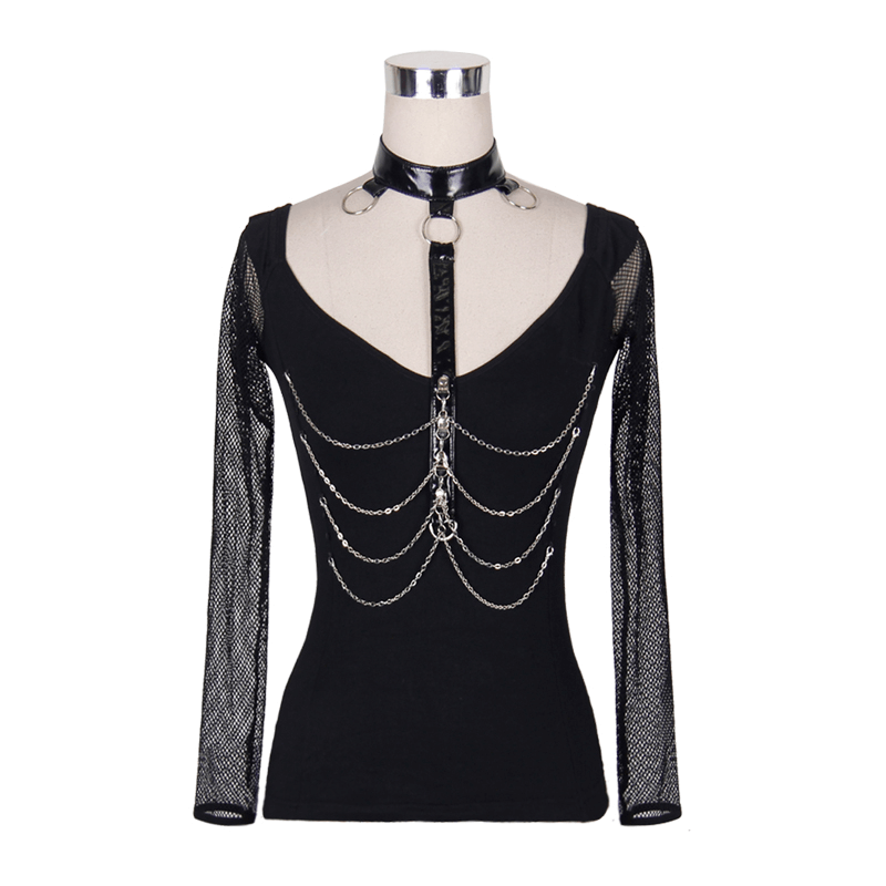 Steampunk Gothic women's black long sleeve top with mesh sleeves and silver chains for a punk rock look.
